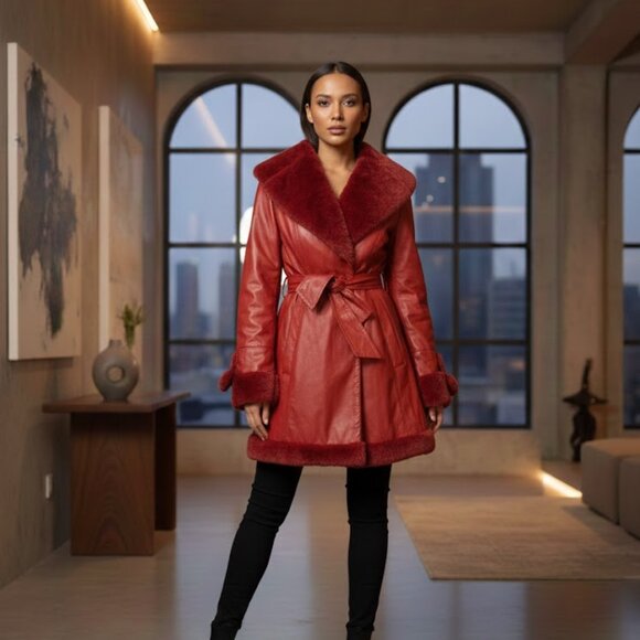 Burgundy Deep Red Faux Leather Fur Trimmed Coat Jacket A Line Peplum Style L 12 - Picture 1 of 6